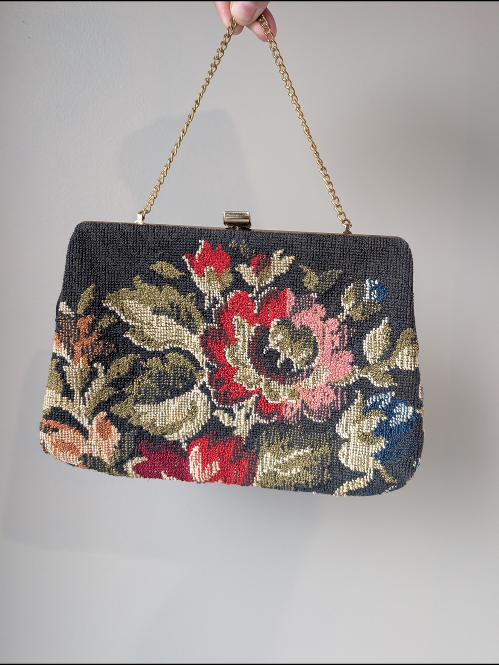 Vintage Floral Needlepoint Handbag with Gold Chain